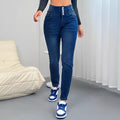 Dark blue women's straight-leg jeans with a button-fly front on a mannequin.
