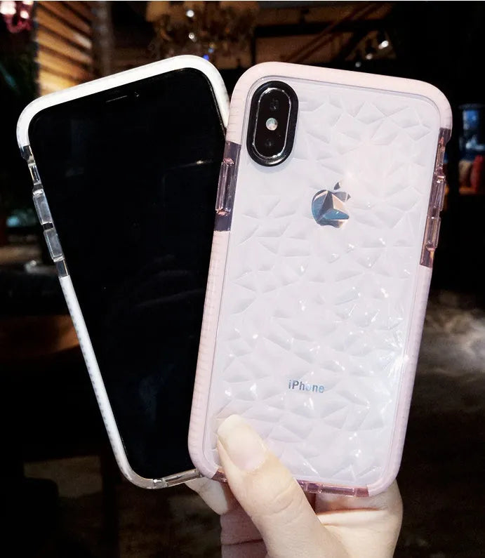 TPU iPhone back cover case with striped pattern shown in pink with white edge colour.