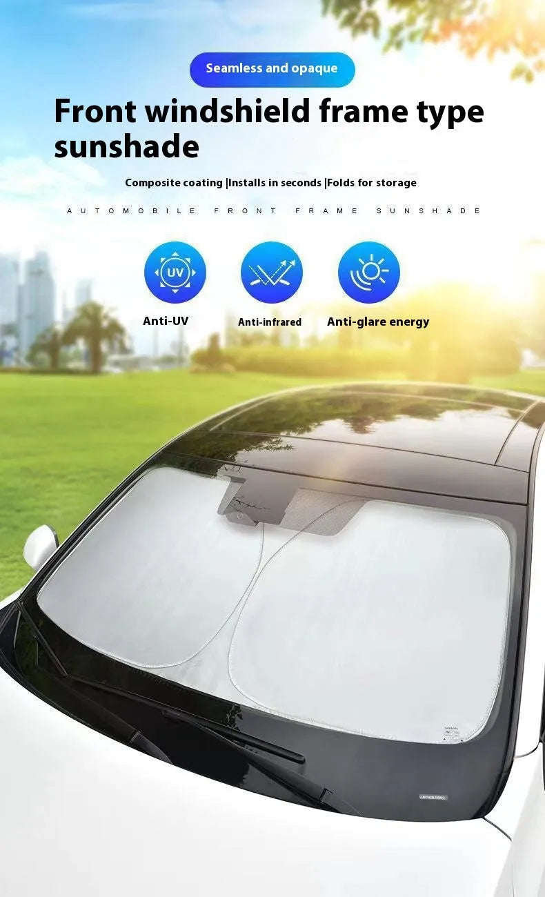 Titanium silver aluminium foil car sunshade showing reflective surface and folded storage