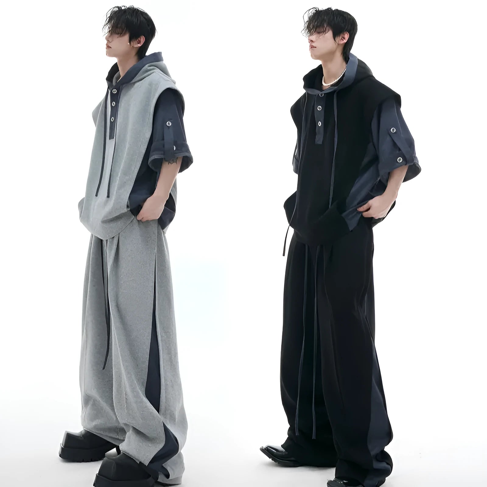 Men's black hooded short sleeve sportswear set with three-dimensional stitching on jacket and trousers