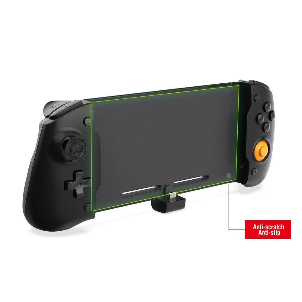 Black and white Nintendo Switch gamepad handle with console inserted, showing button layout and USB-C charging port
