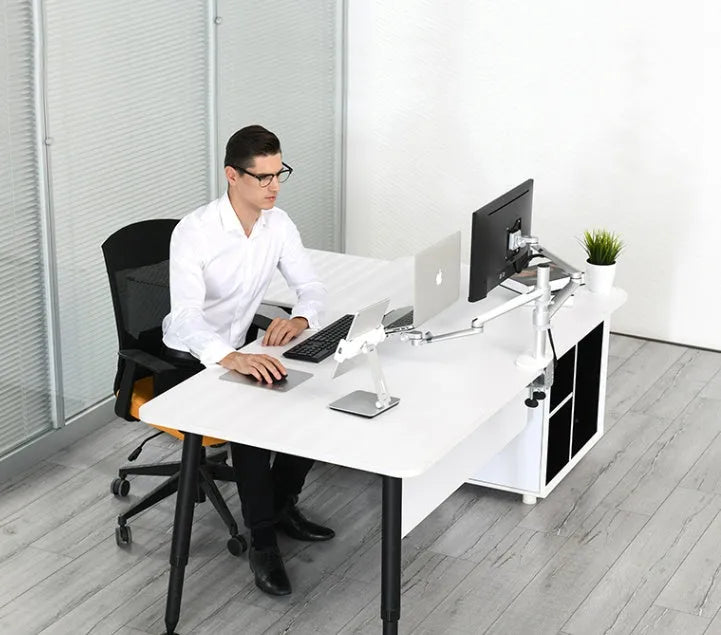 Foldable aluminium and ABS desktop stand holding a tablet at an angle.