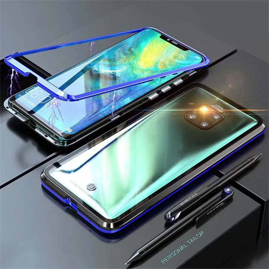 Magnetic phone case with metal frame and tempered glass back for Huawei Honor phones