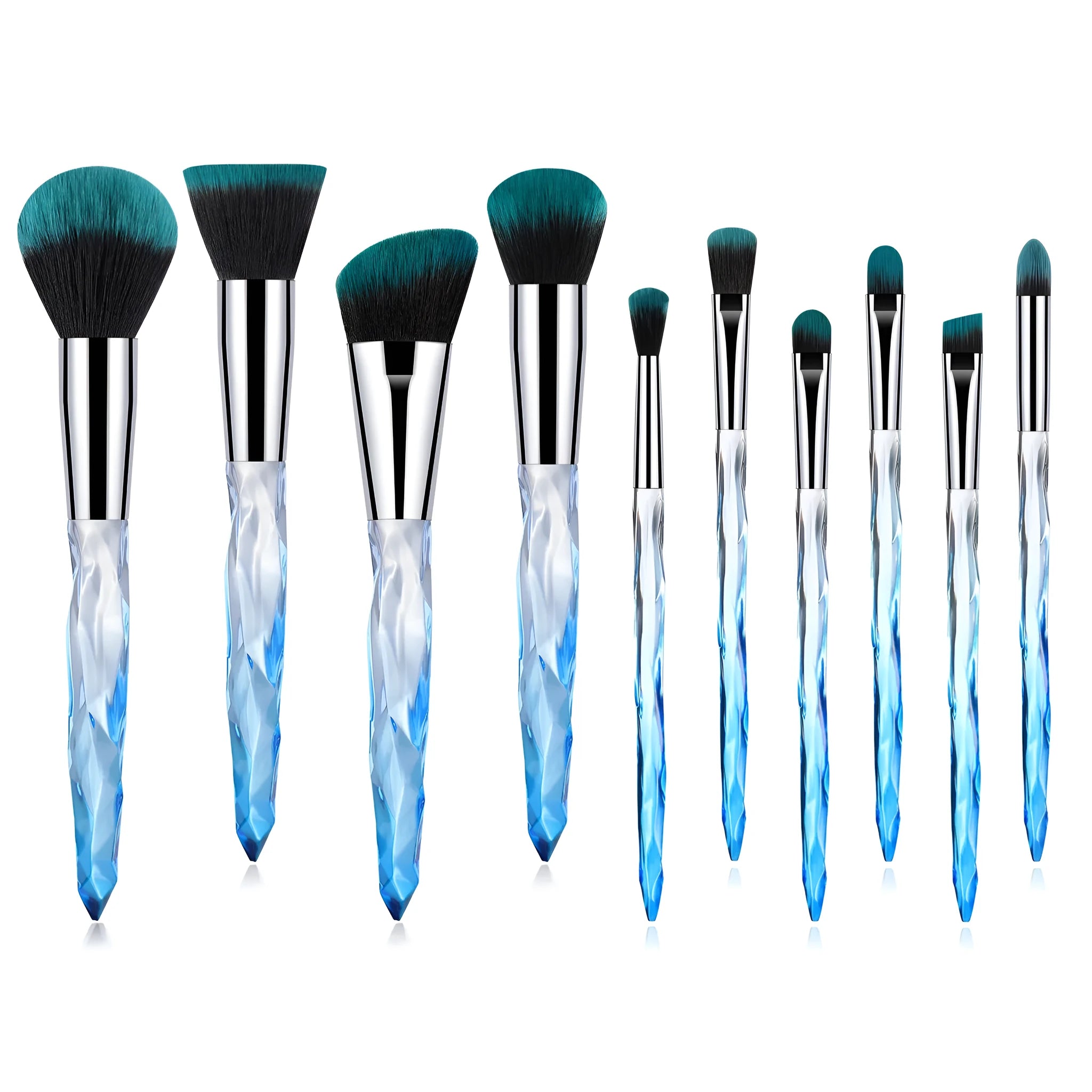 Set of 10 crystal handle foundation brushes with artificial fibre bristles in four colour options