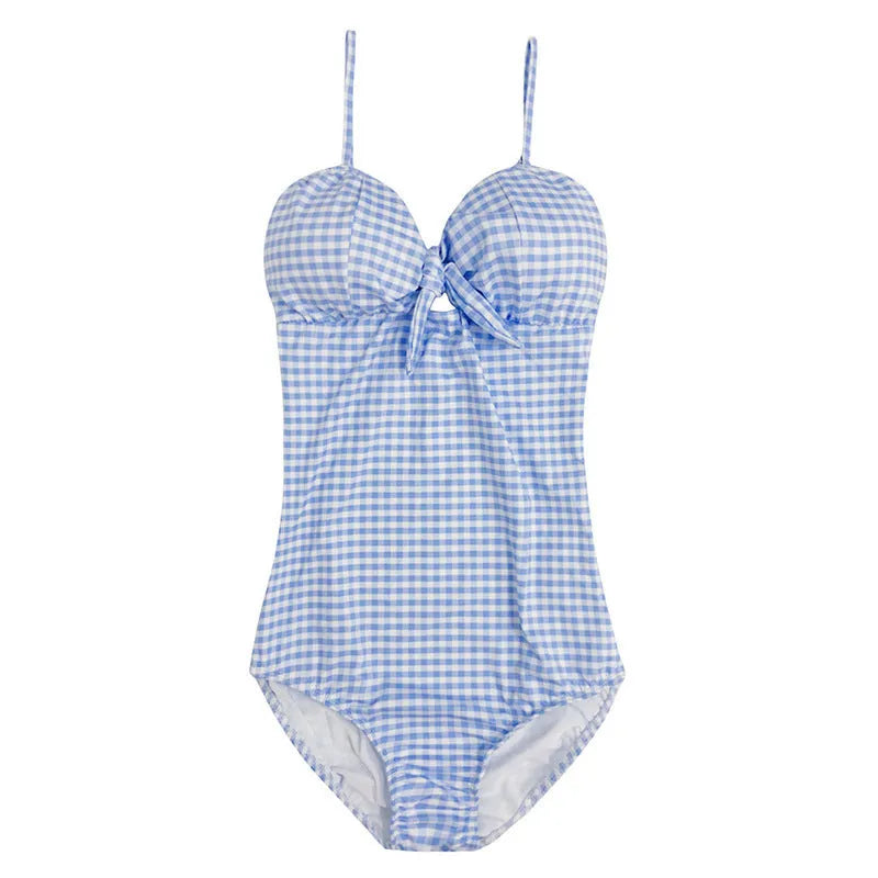 Women's blue and white plaid one-piece swimsuit on mannequin