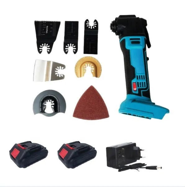 Rechargeable cordless grass trimmer with metal body and plastic accessory box.