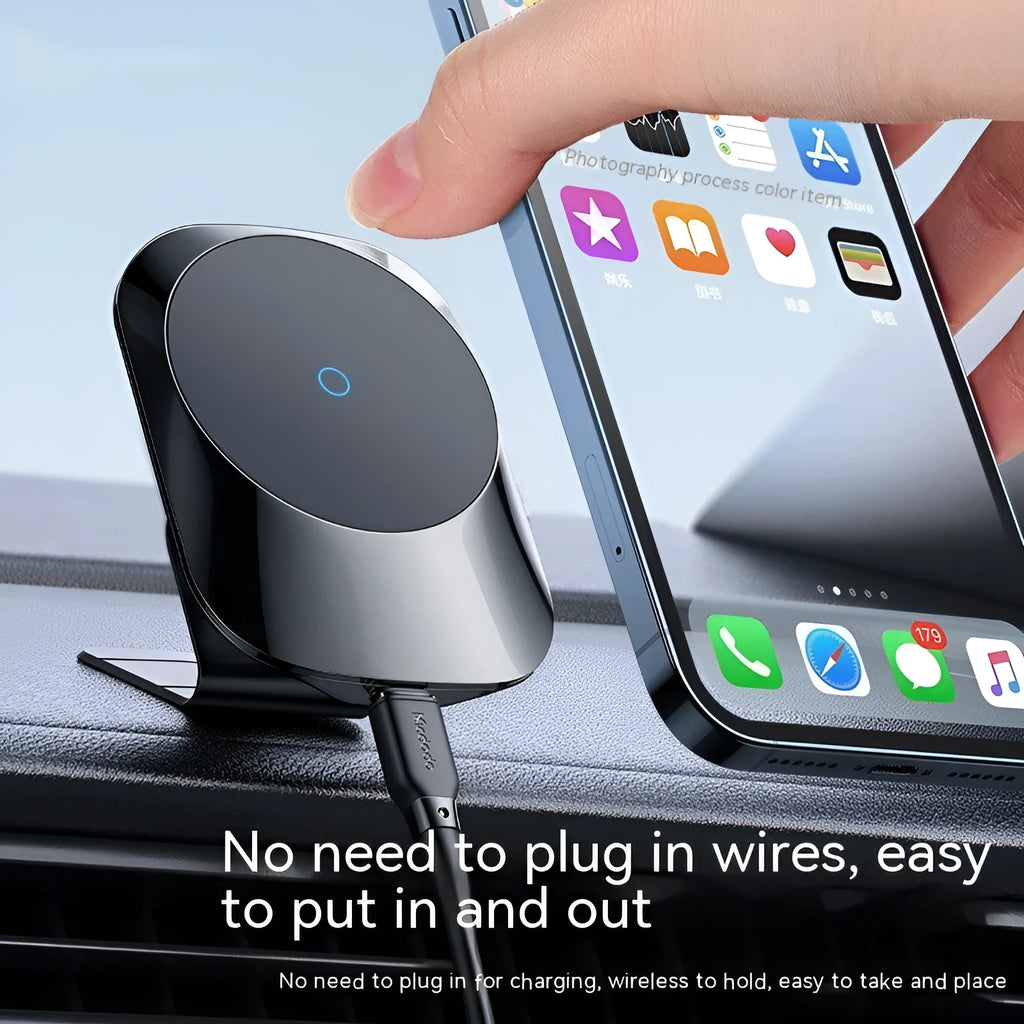 Black magnetic car wireless charger mounted on vehicle dashboard with phone attached