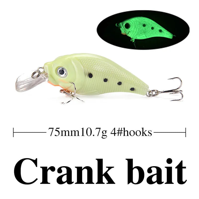 Set of five 3D fluorescent simulation luminous hard bait fishing lures for sub-surface fishing