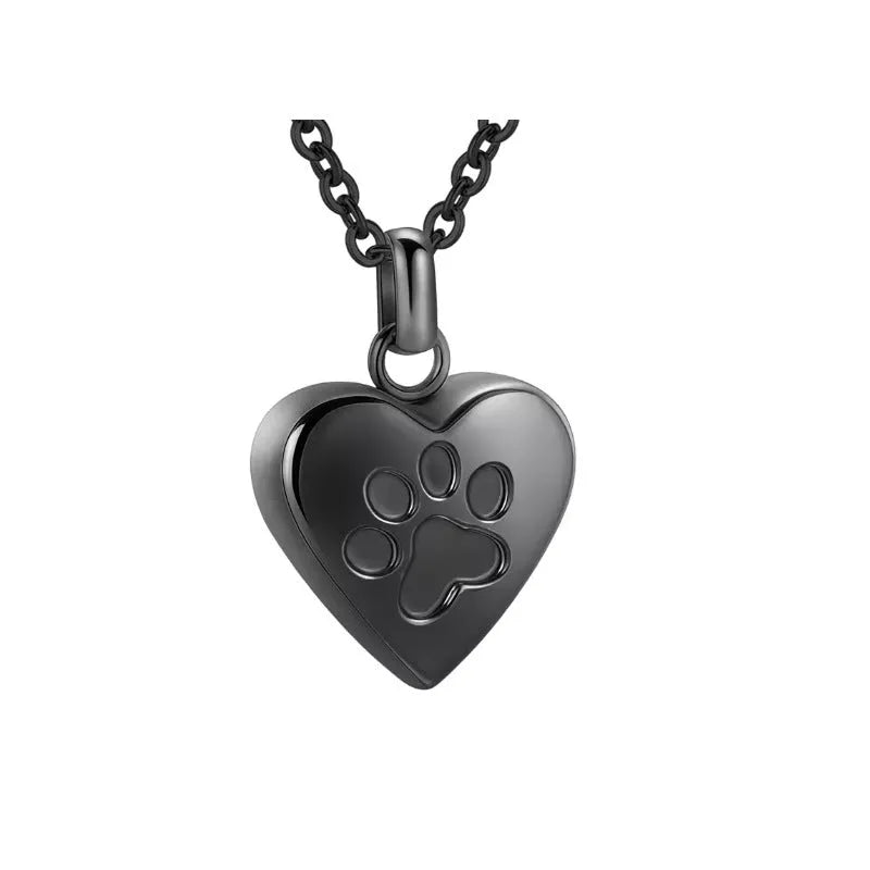 Simple titanium steel heart pendant necklace with paw print, opens for keepsakes.