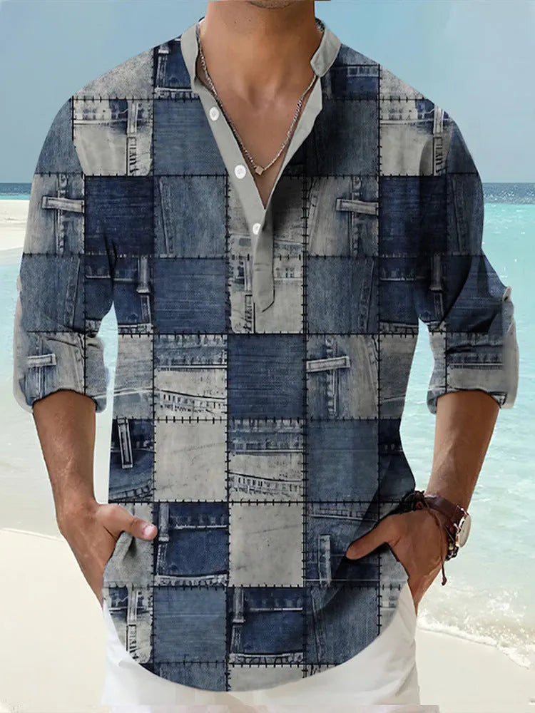 Thin casual digital bamboo linen Hawaiian long sleeve shirt with striped pattern in cardigan style