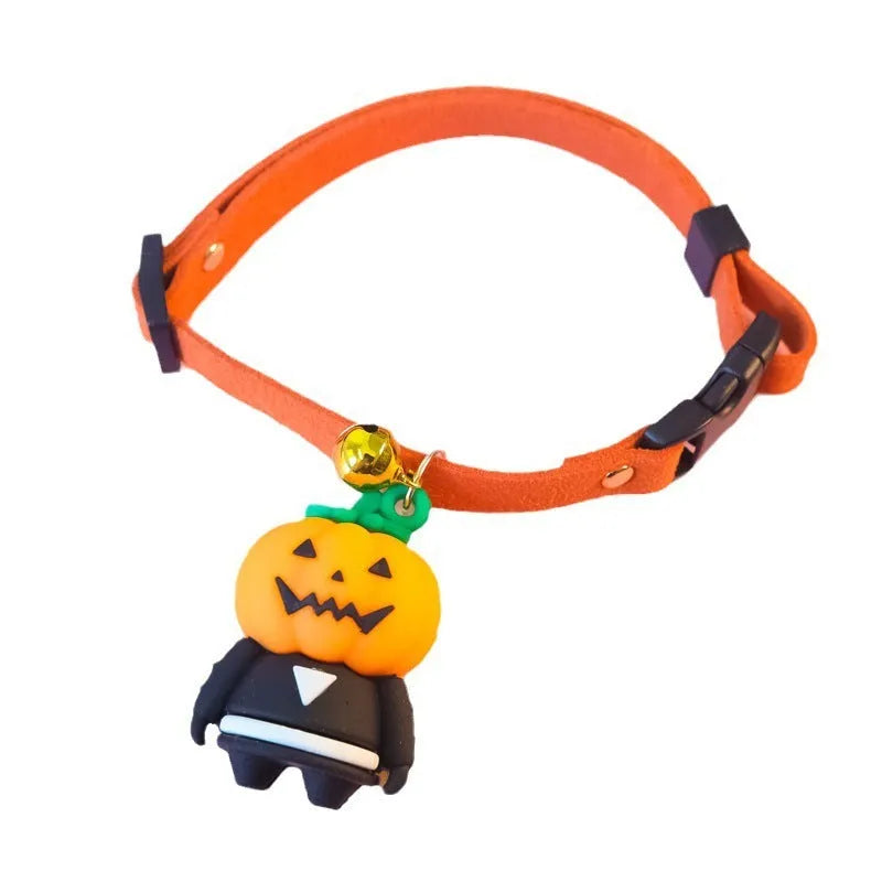 Halloween pet collar decoration with cartoon pattern in three designs including luminous options, sized XS to L for dogs and cats
