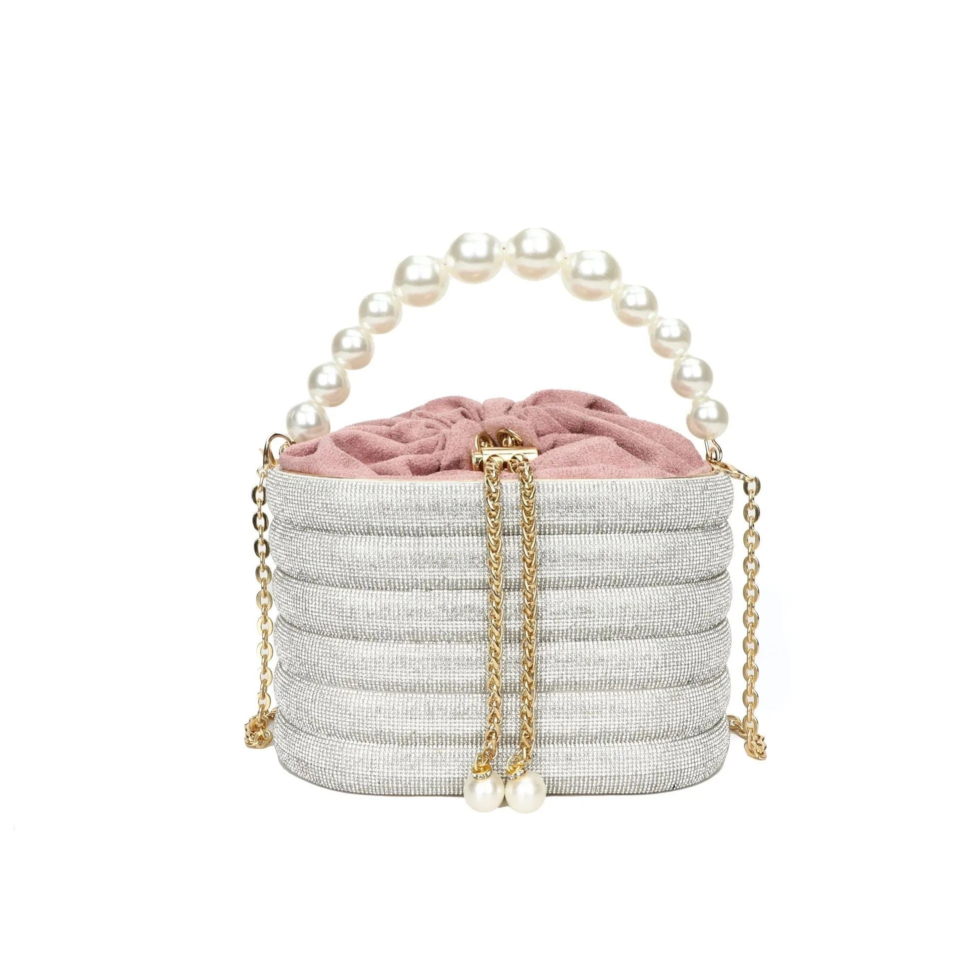 Round women's crossbody bag in PU leather with pearl bead decoration and single shoulder strap