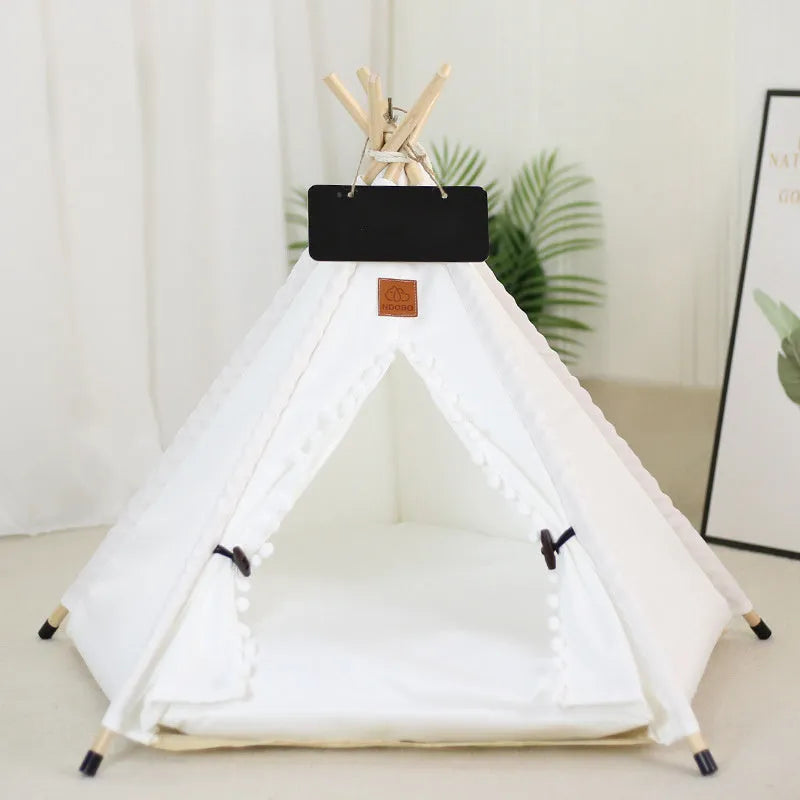 Striped flax linen pet teepee tent with cushion for small dogs or cats indoors