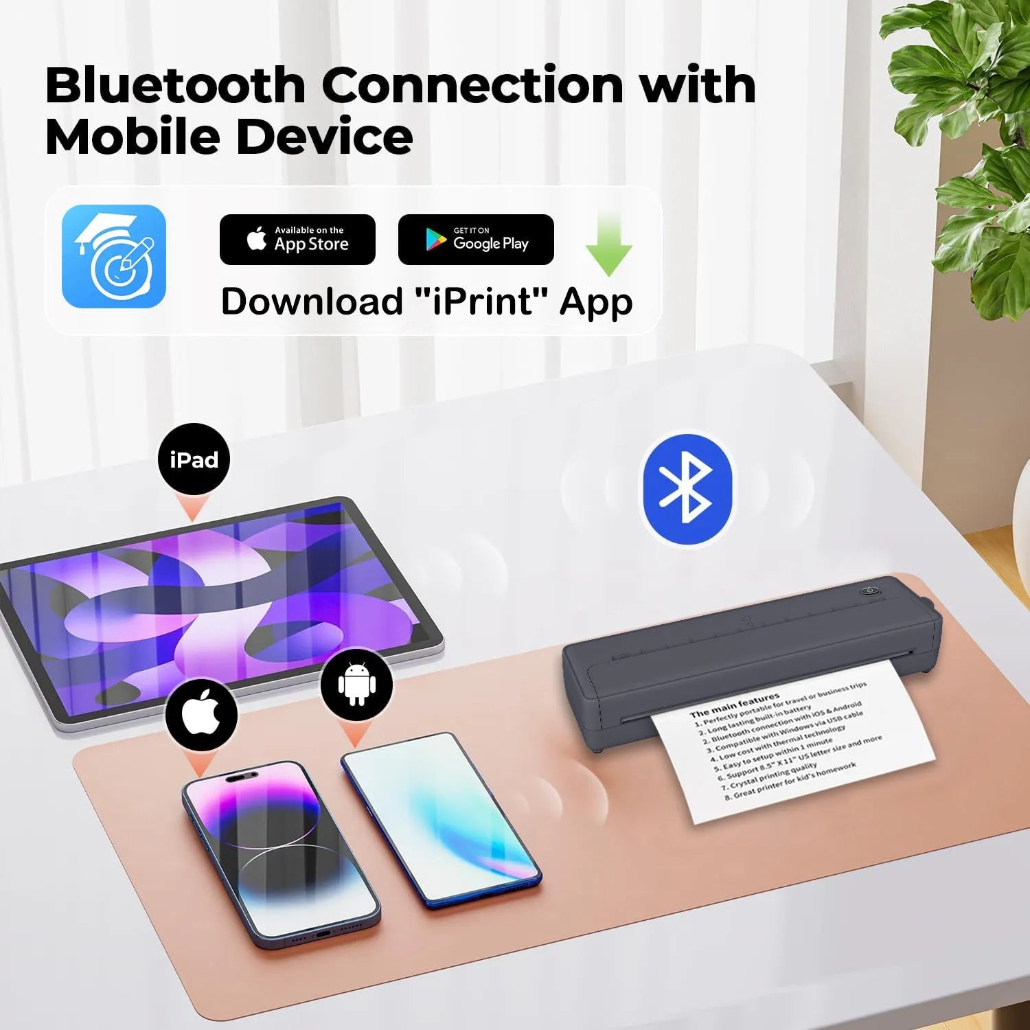 Black A4 Bluetooth wireless printer with USB connectivity for mobile phone and computer text printing