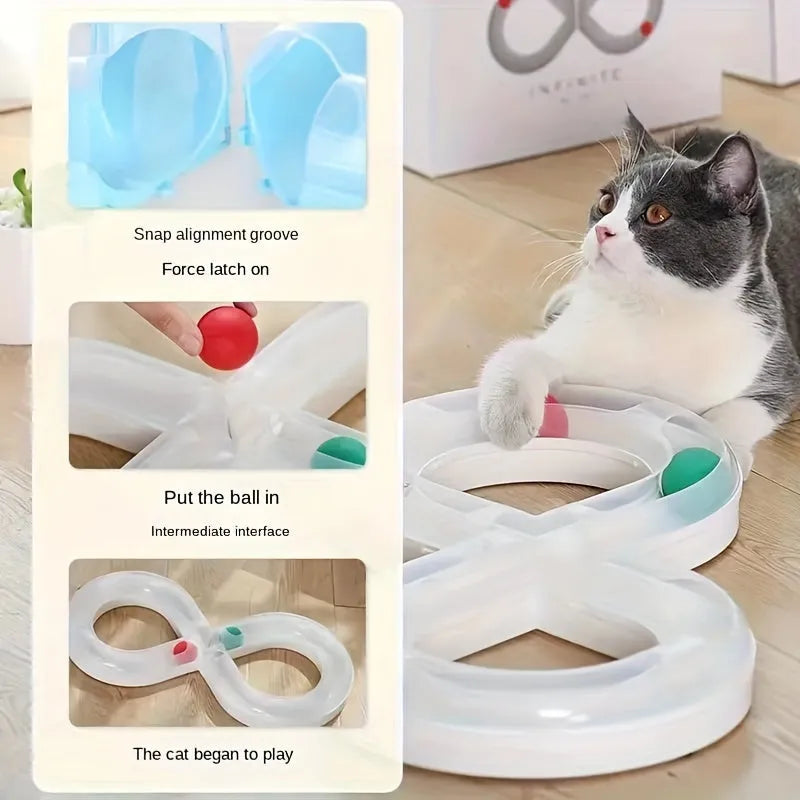 Blue and white cat turntable track ball toy with teasing stick measuring 50cm wide