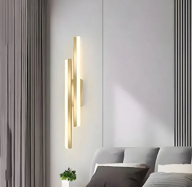Gold finish double line wall lamp with LED light source measuring 500mm length