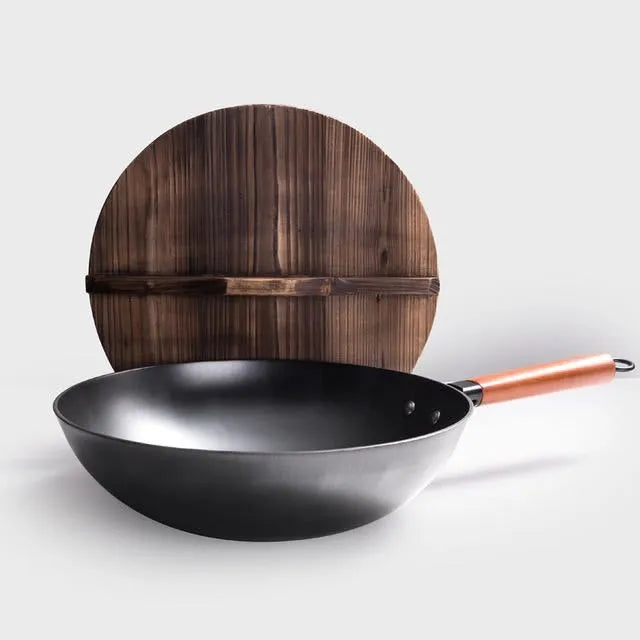 Traditional black iron wok pan with wooden handle and glass lid option