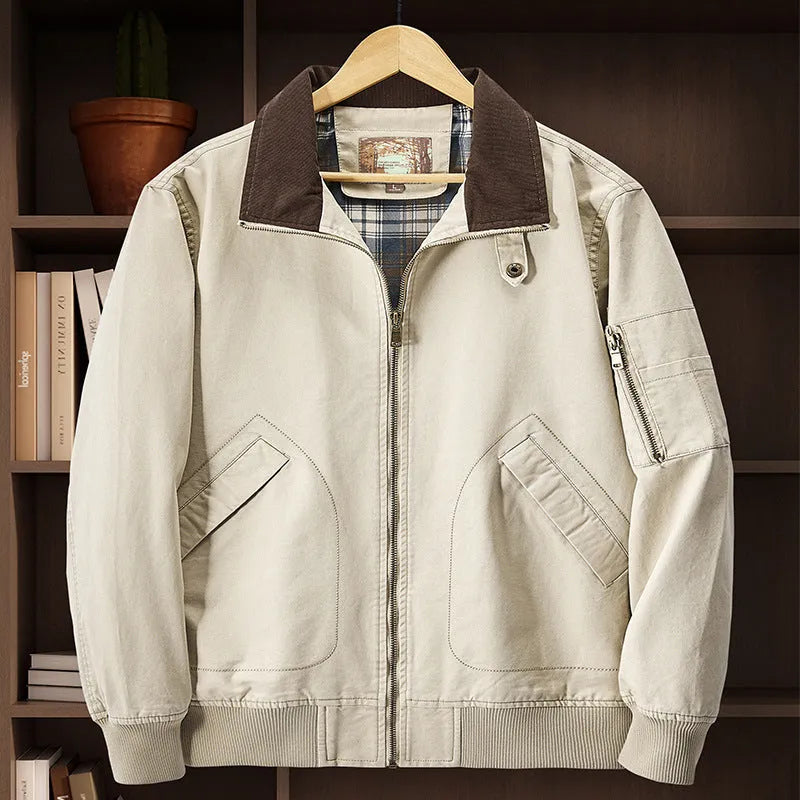Men's washed cotton baseball jacket in Army Green, shown on a hanger.
