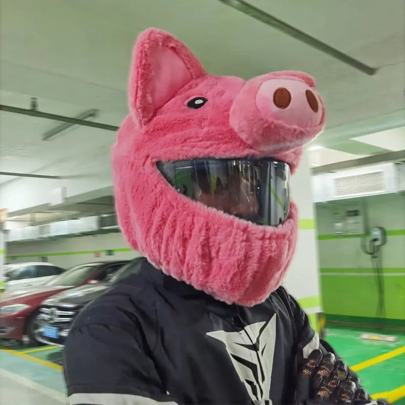 Pink pig cartoon design plush protective hood for motorcycle helmets with storage sleeve
