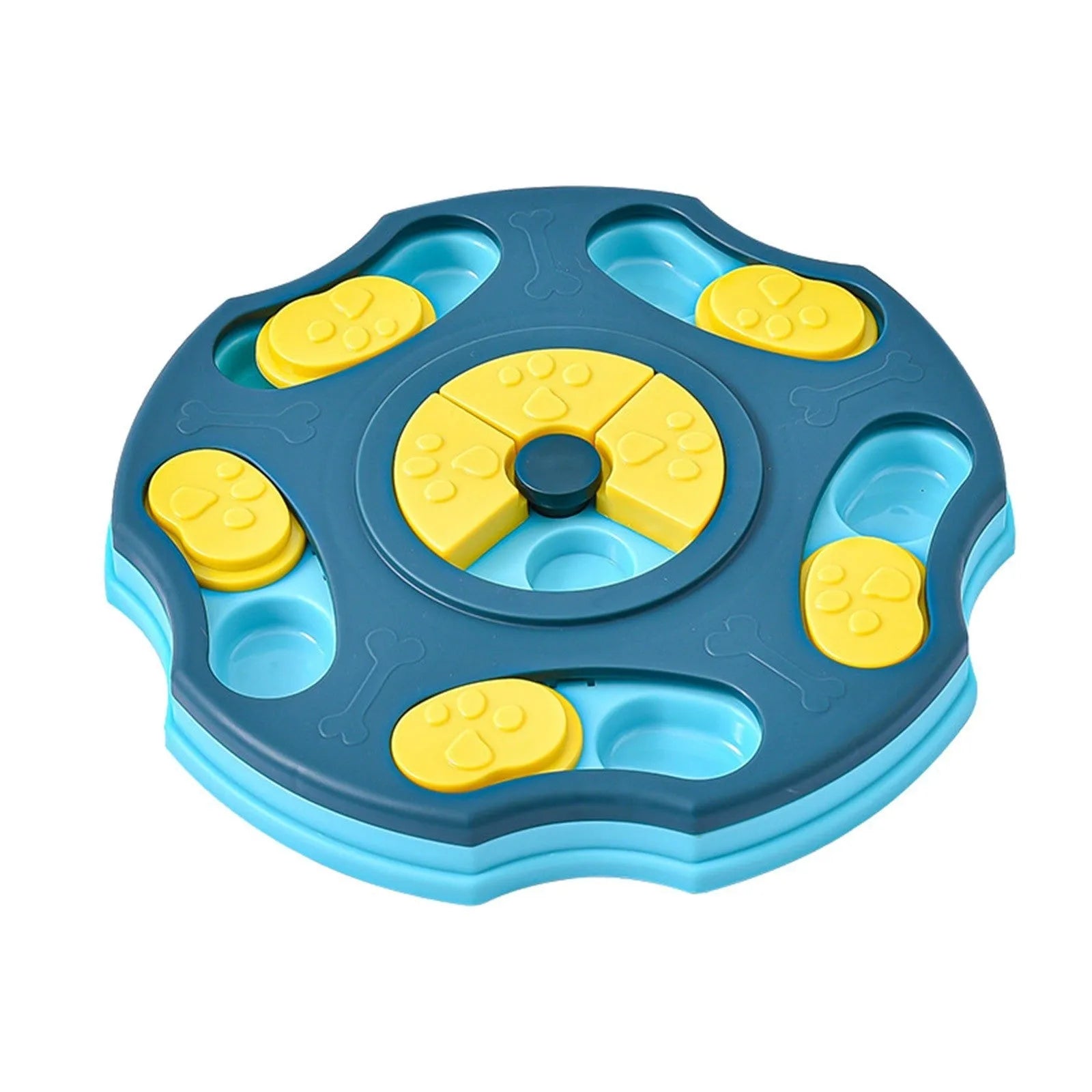Blue and pink dog puzzle feeder toy with multiple compartments for interactive food searching gameplay