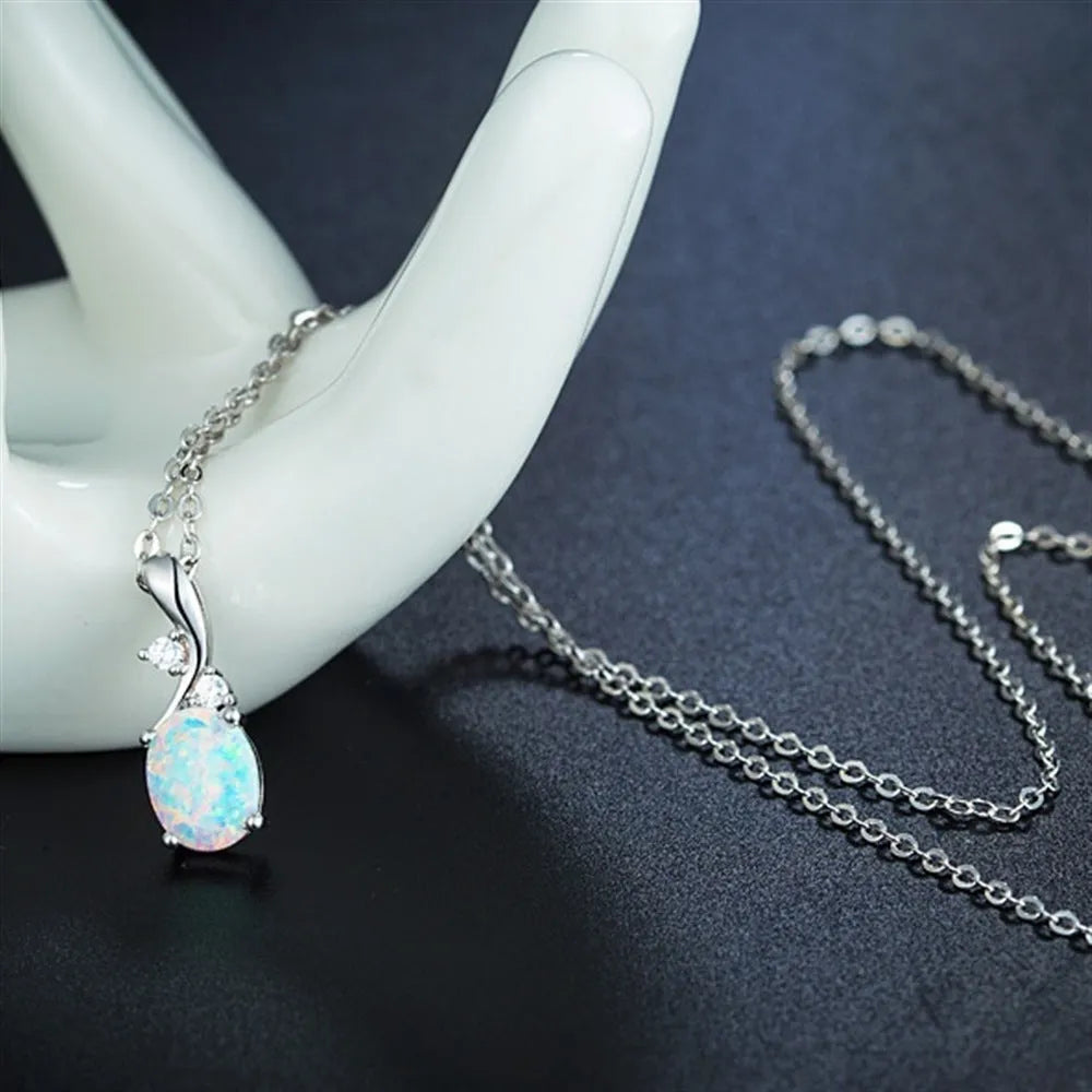 Water drop opal pendant necklace with adjustable chain in white or rose gold finish