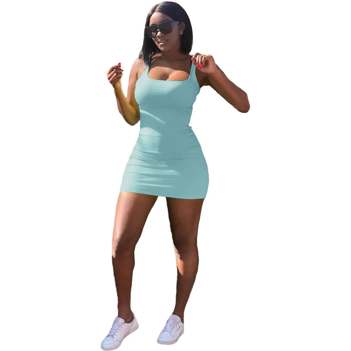 Casual slim fit dress with big U-neck, sunken stripes, princess sleeves, and straps in light green.