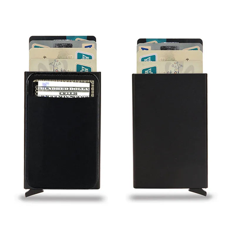 Metal credit card holder with RFID blocking in frosted aluminium alloy showing colour options