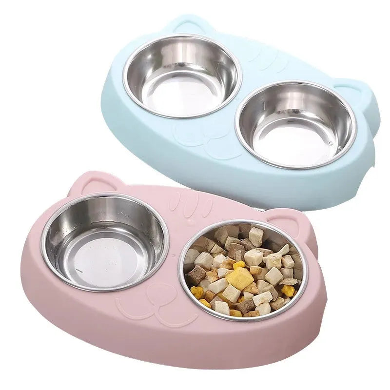 Blue macaron-shaped plastic pet feeding tray with two bowls for cat or dog food and water.