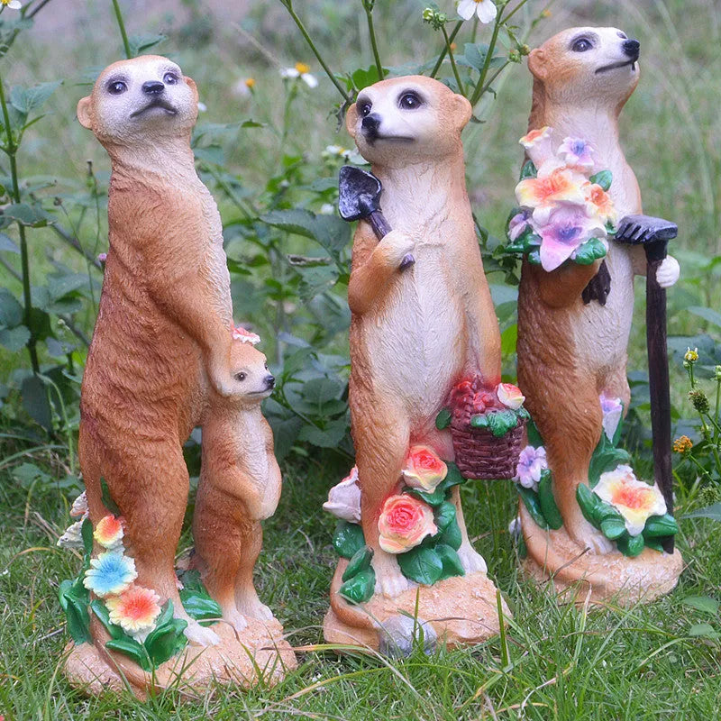 Plastic resin mongoose ornament set with straw hats and gardening tools for bonsai decoration