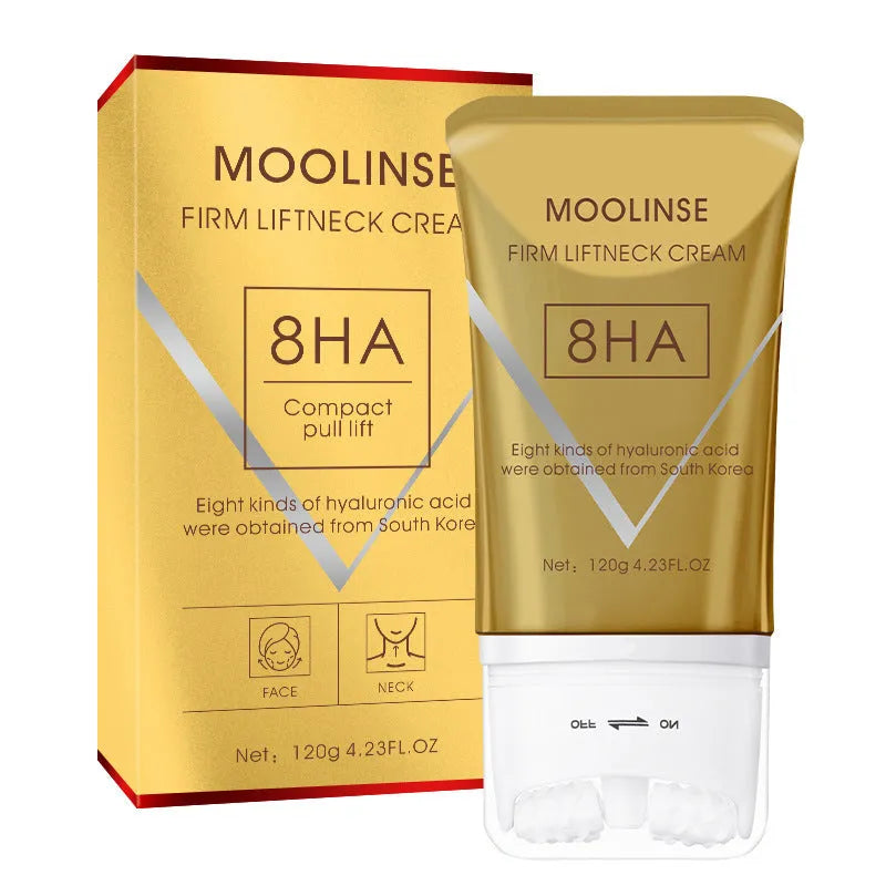 Neck firming cream jar with massage roller applicator for skincare application