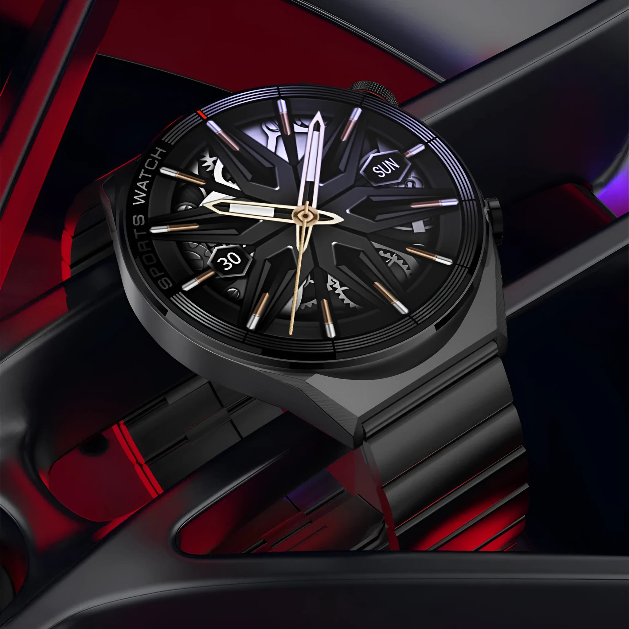 Black smart watch with large colour screen displaying time and notifications on a leather strap