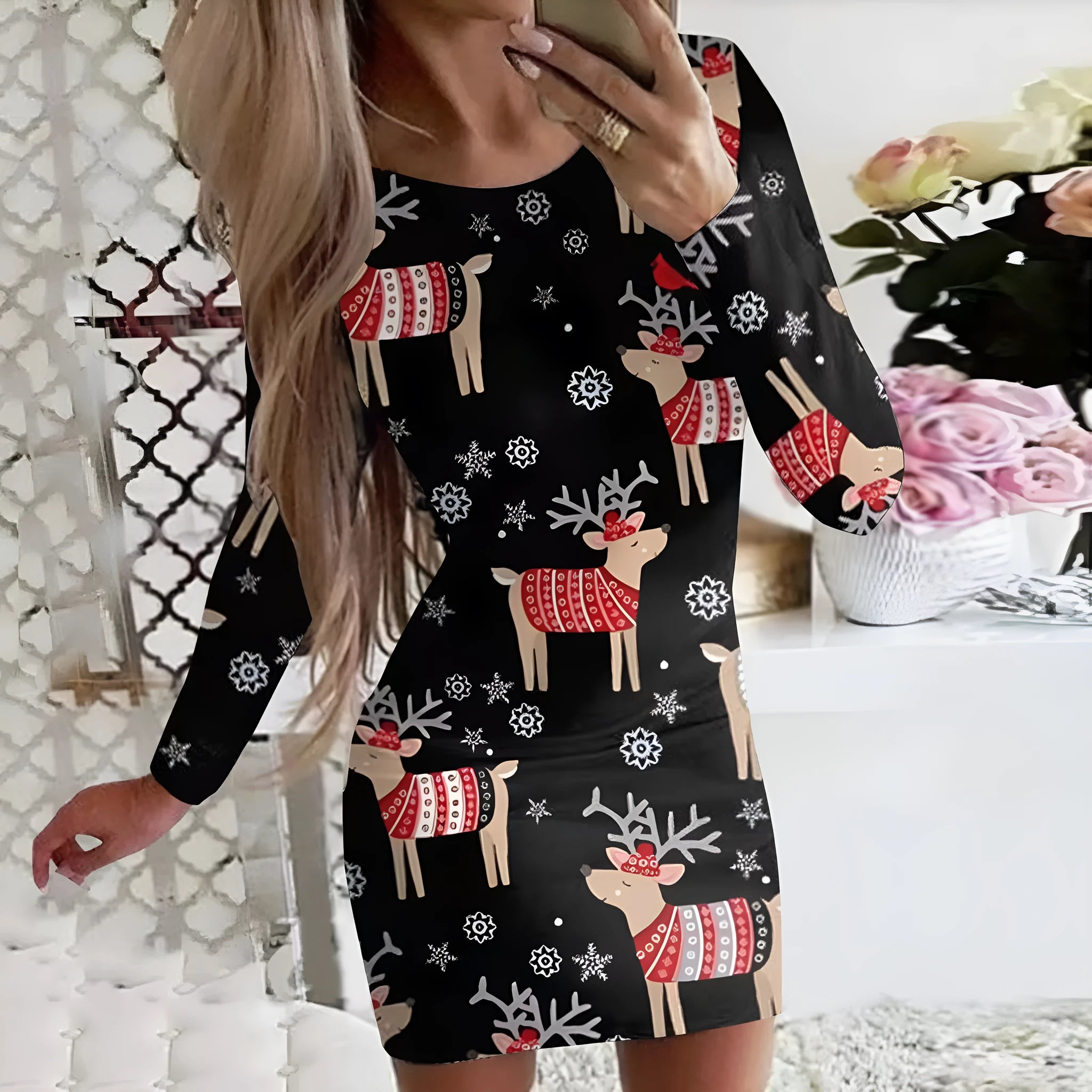Christmas animal print narrow dress with hip skirt and long sleeves in floral colour options