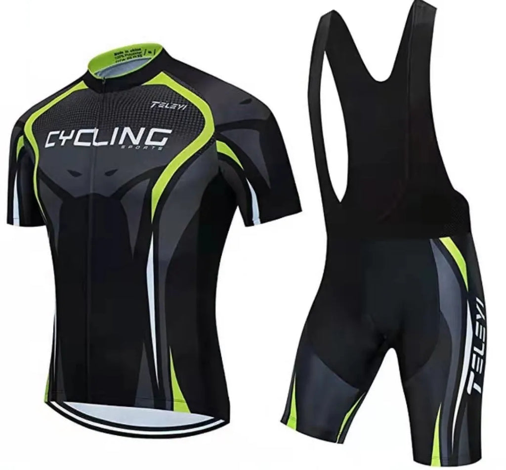 Men's and women's cycling jersey and shorts set in a colour style option, laid flat.