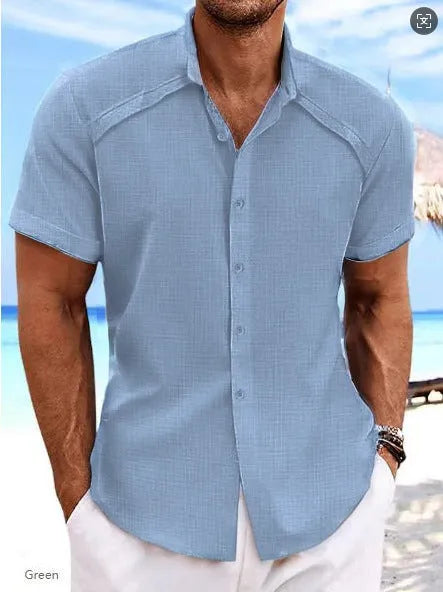 Hawaiian casual short sleeve solid colour cotton blend shirt in matcha green on a hanger