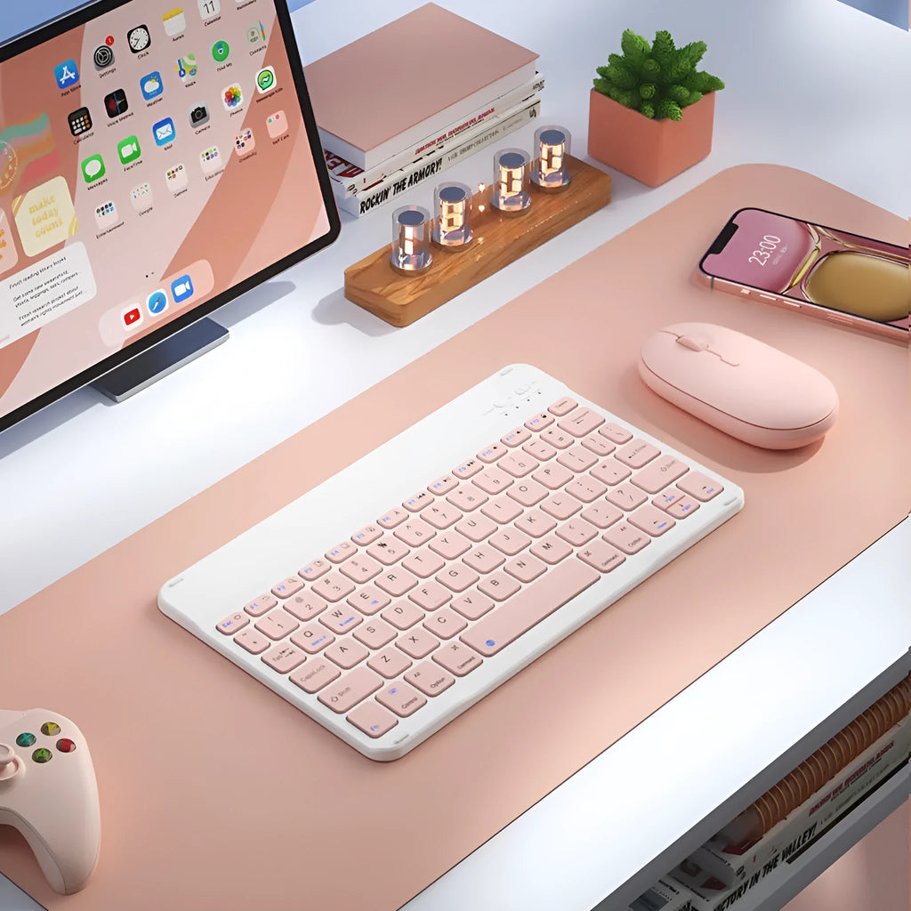 Wireless Bluetooth keyboard and rechargeable mouse set in elegant pink colour option