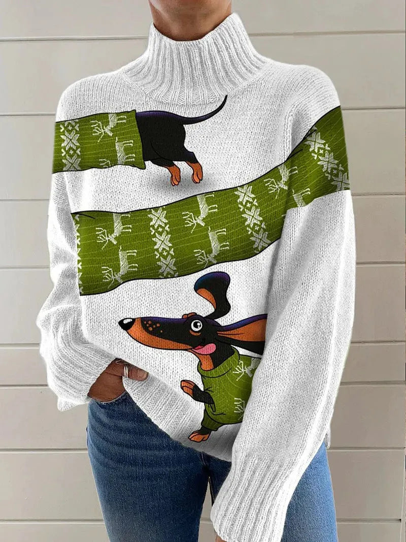 Women's loose-fit Christmas printed turtleneck sweater in polyester with turtleneck collar and long sleeves