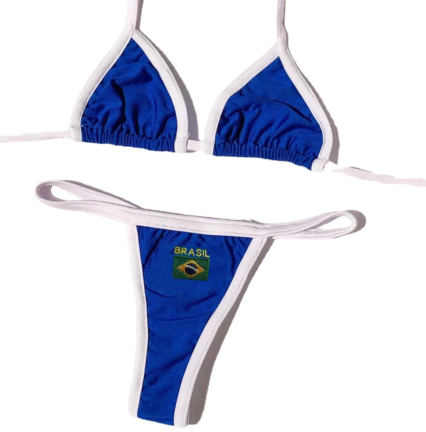 Women's yellow T-back bikini set with shorts-length bottoms laid flat.