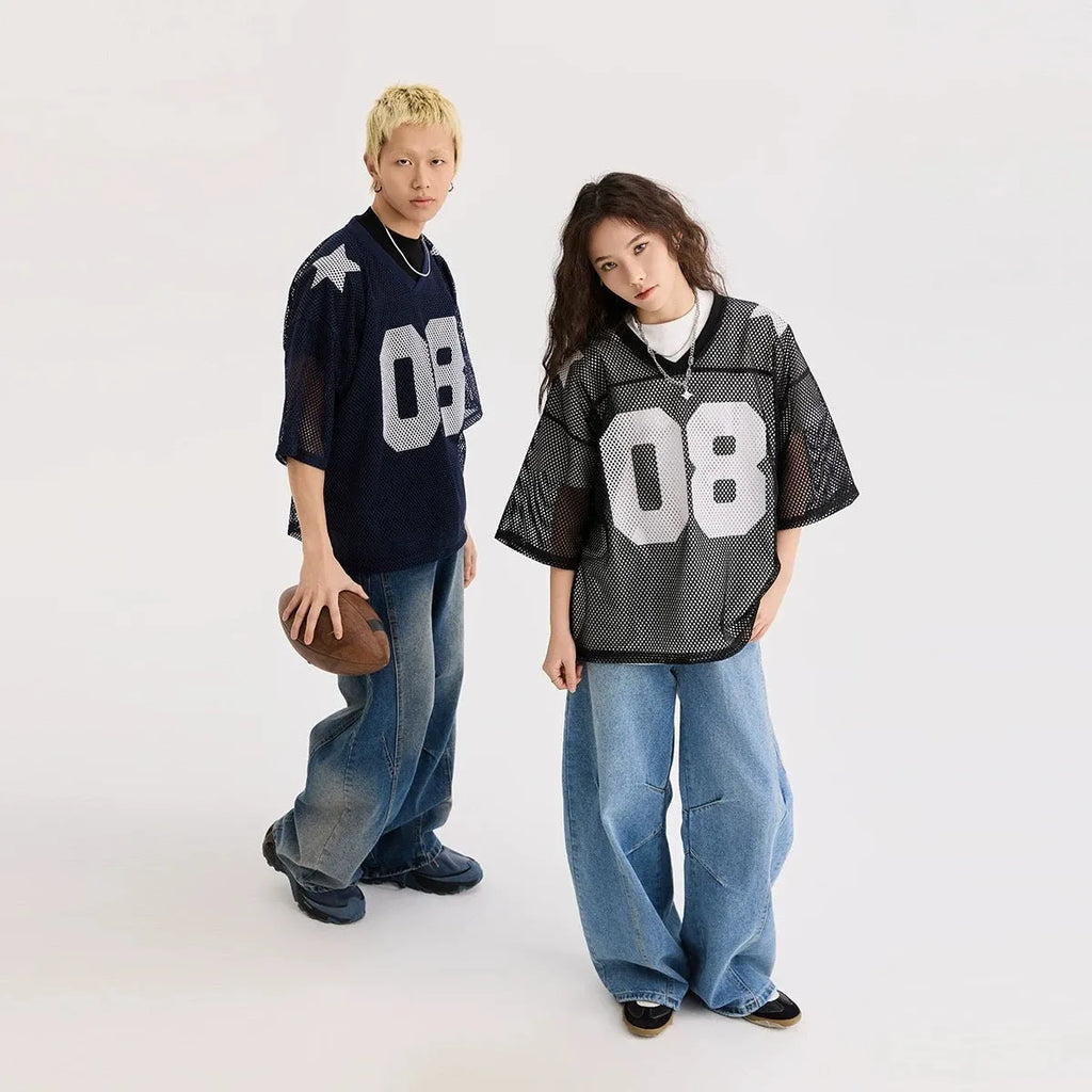 Black and navy blue half sleeve pullover shirt with loose fit and letter pattern detail