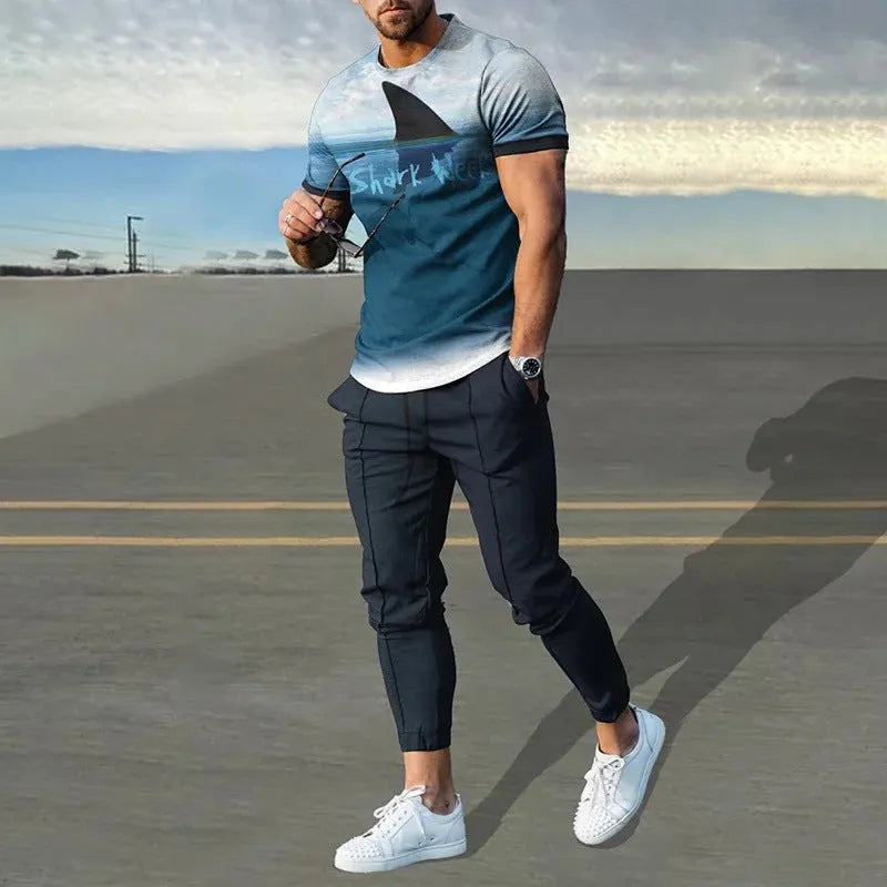 Men's short-sleeved printed pullover and matching trousers set on a neutral background