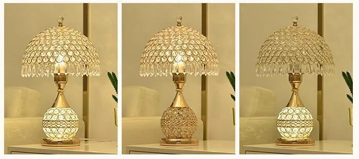 Gold crystal desk lamp with iron art base on a wooden table
