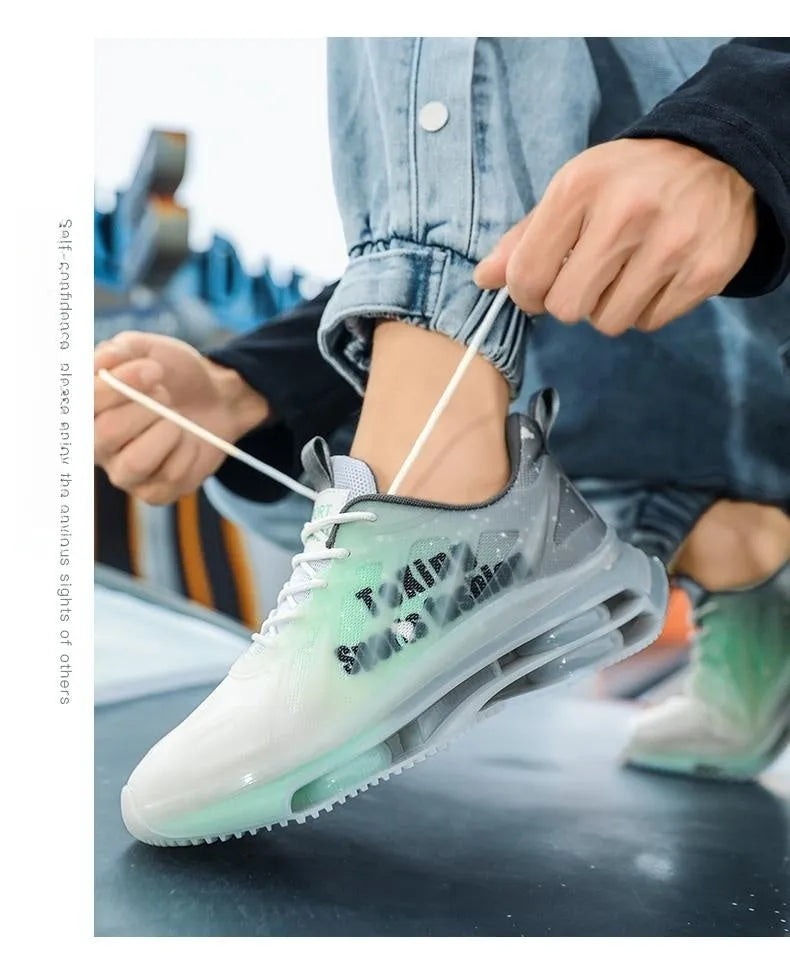 Men's casual platform running shoes in mesh with rubber sole, showing lace-up design and colour options