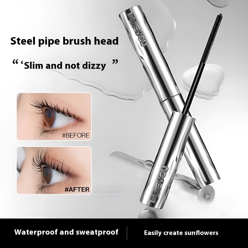 Waterproof mascara in steel tube with black and brown shades and optional eyelash curler