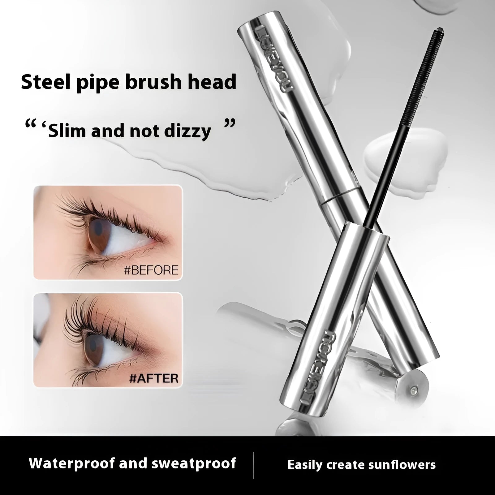 Waterproof mascara in steel tube with black and brown shades and optional eyelash curler