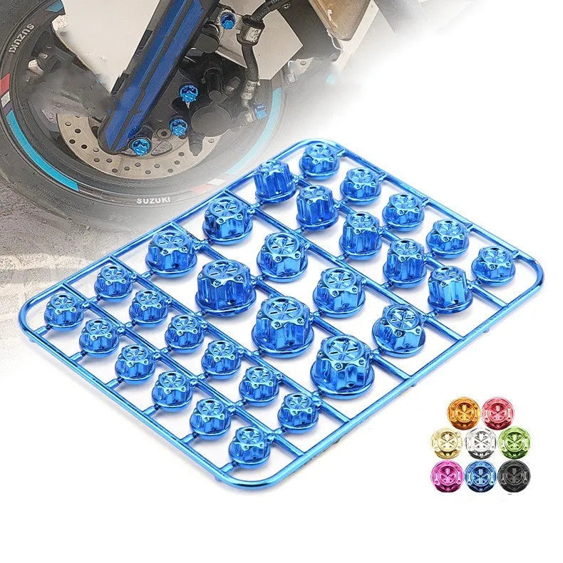 Set of 30 black ABS plastic motorcycle engine screw caps shown in a choice of eight colours.