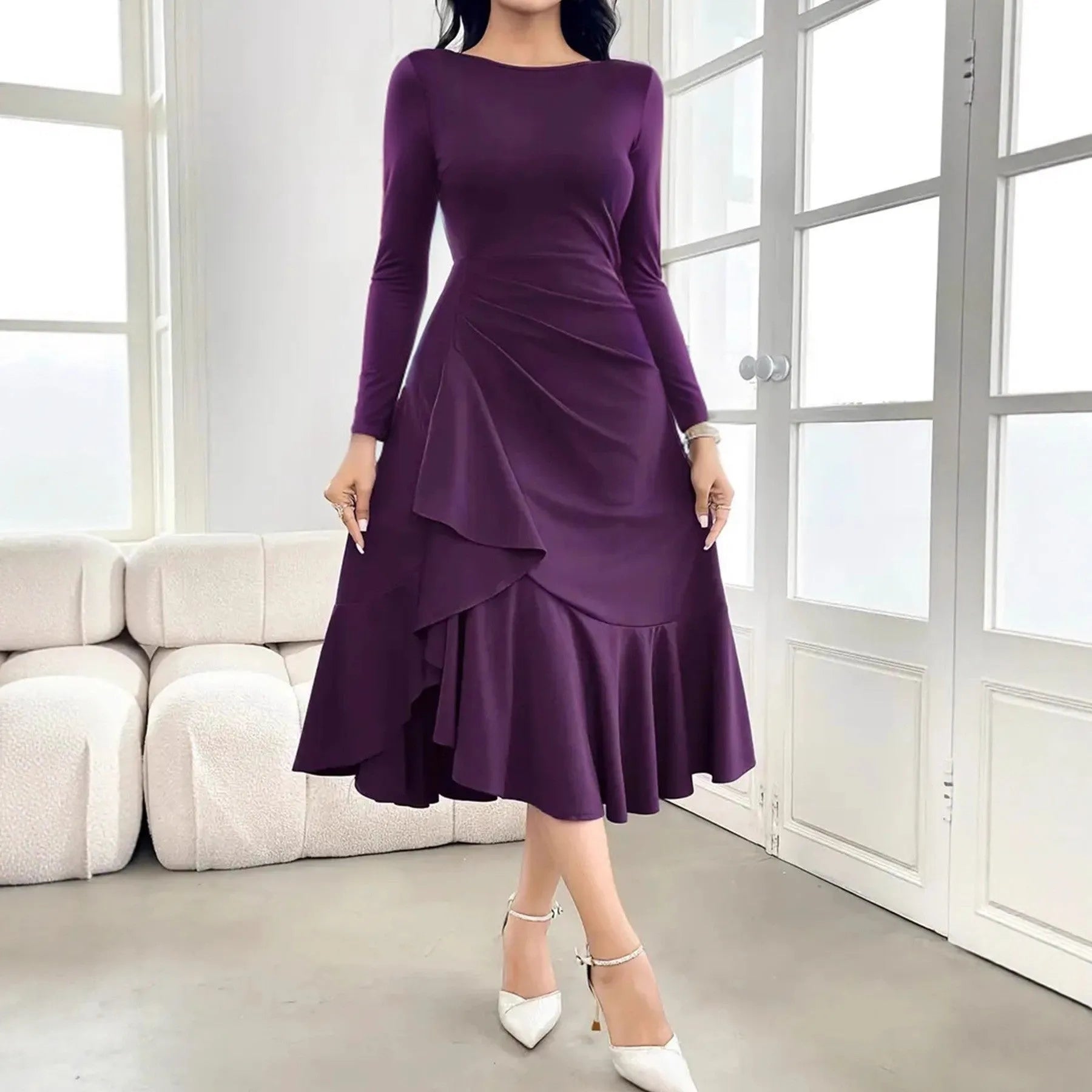 Purple women's long sleeve pullover dress with ruffles and round neck