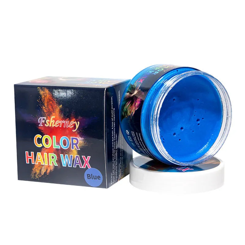 120g container of hair styling clay shown in one of nine colour options: blue, green, purple, red, orange, yellow, white, rose red, or granny grey.