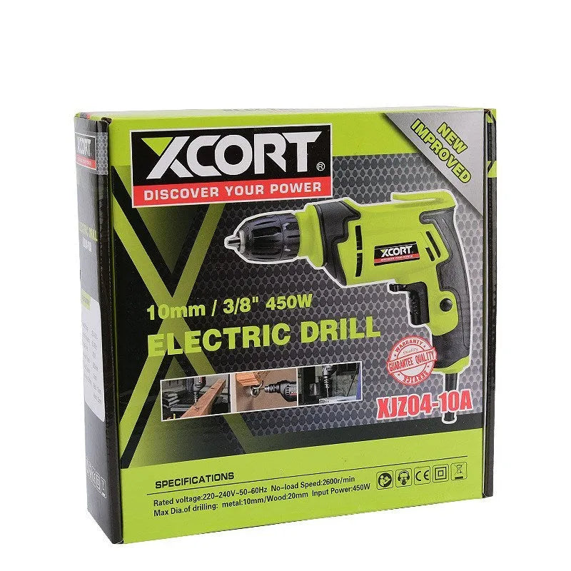 Pistol-grip electric drill with 450W power rating and 10mm chuck on a workbench.