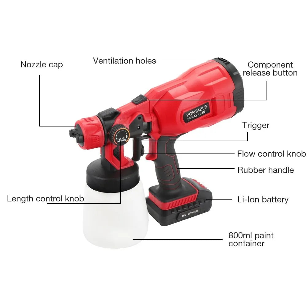 Blue cordless paint spray gun with detachable paint container and brushless motor.