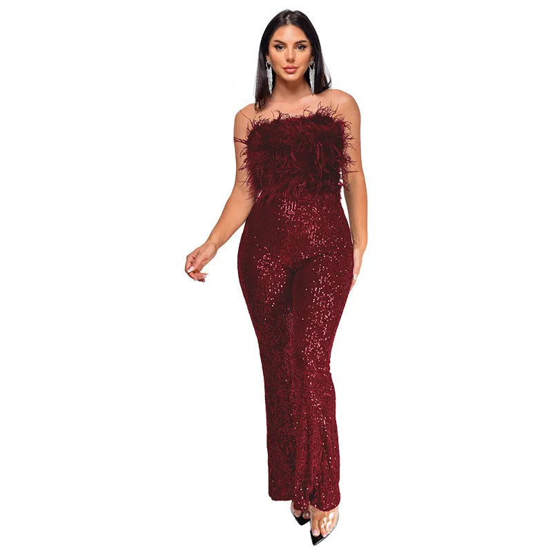 Women's sleeveless backless jumpsuit with flared legs in a champagne colour.