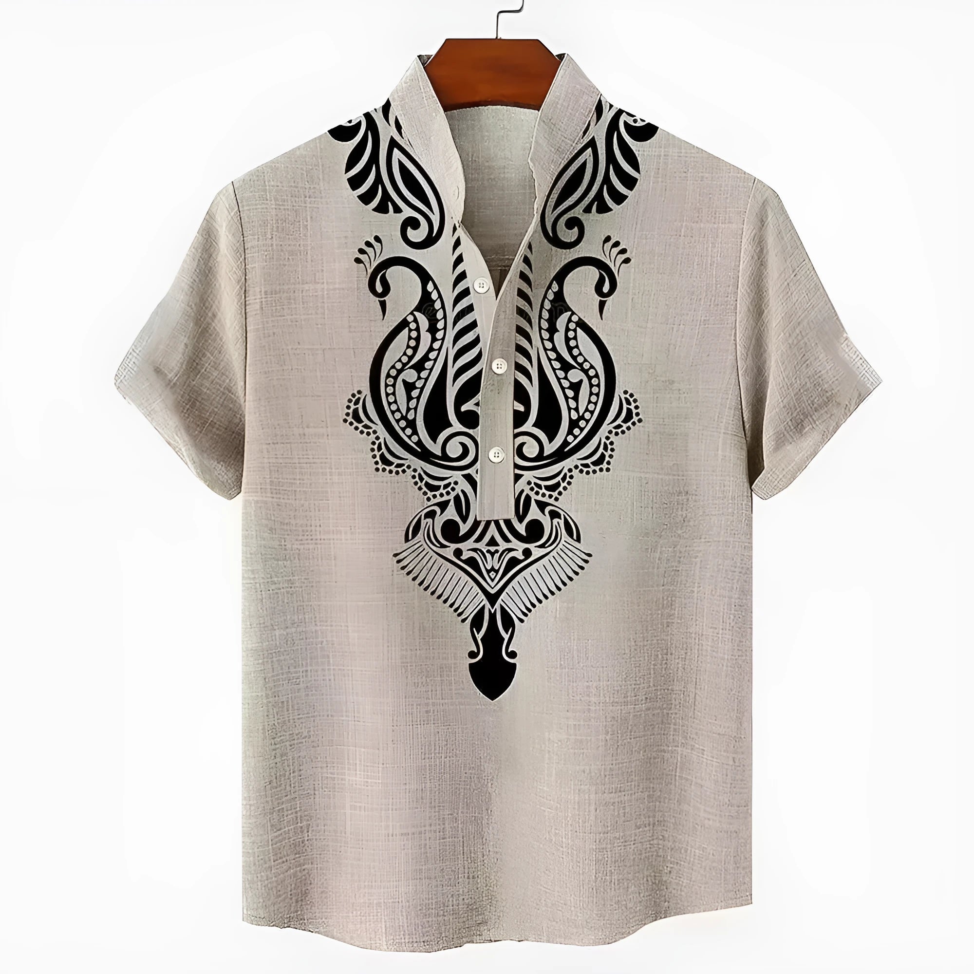 Men's striped loose fit casual shirt with personalised buttons on a hanger.